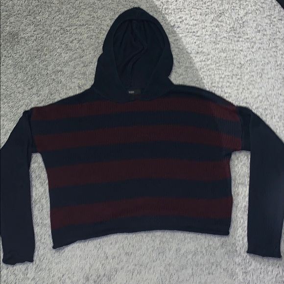 A red and navy striped crop top knitted hoodie. - Picture 1 of 2